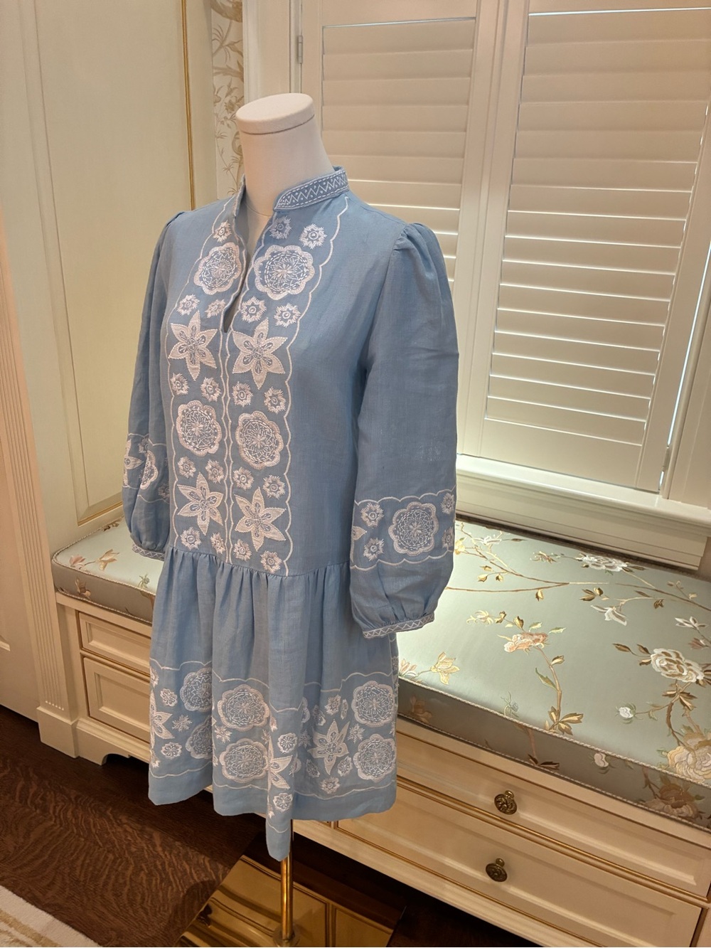 ASHA by Ashley McCormick Light Blue Embroidered Mini Dress w/ White Floral Trim - Picture 4 of 9